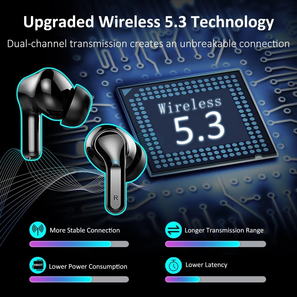 Wireless Earbud, Bluetooth Headphones 5.3 NEW 40H Ear Buds Bass Stereo Earphones Noise Cancelling Earbud with 4 ENC Mic in-Ear Bluetooth Earbud USB-C LED Display IP7 Waterproof Sport for Android iOS