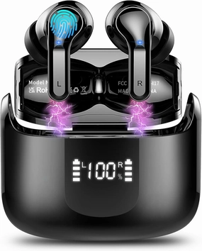 Wireless Earbud, Bluetooth Headphones 5.3 NEW 40H Ear Buds Bass Stereo Earphones Noise Cancelling Earbud with 4 ENC Mic in-Ear Bluetooth Earbud USB-C LED Display IP7 Waterproof Sport for Android iOS TWS earbuds,compact wireless buds,Bluetooth ear tips,