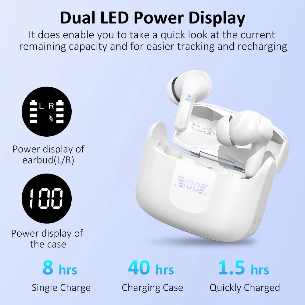 Wireless Earbud, Bluetooth Headphones 5.3 NEW 40H Ear Buds Bass Stereo Earphones Noise Cancelling Earbud with 4 ENC Mic, in-Ear Bluetooth Earbud USB-C LED Display IP7 Waterproof Sport for Android iOS