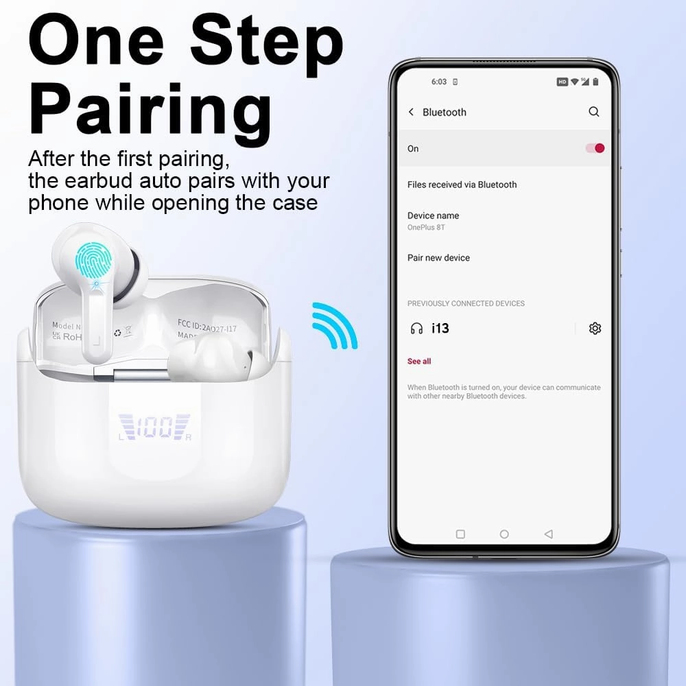 Wireless Earbud, Bluetooth Headphones 5.3 NEW 40H Ear Buds Bass Stereo Earphones Noise Cancelling Earbud with 4 ENC Mic, in-Ear Bluetooth Earbud USB-C LED Display IP7 Waterproof Sport for Android iOS