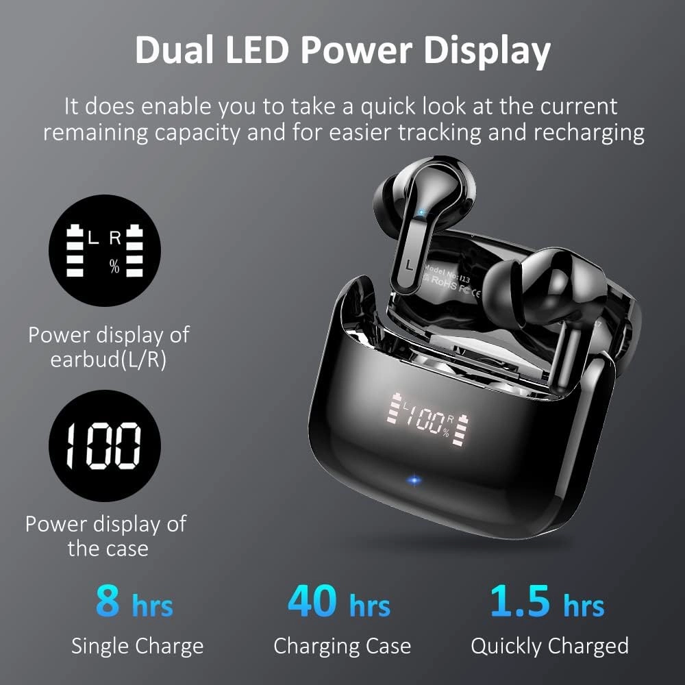 Wireless Earbud, Bluetooth Headphones 5.3 Stereo Bass Earphones 2023 Noise Cancelling 40H Dual Mic Call Earbud in-Ear USB-C LED Display IP7 Waterproof Sport Headset for Android iOS
