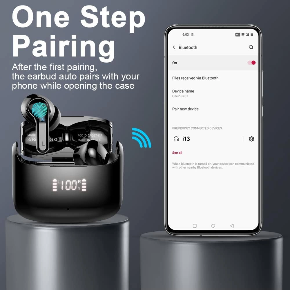 Wireless Earbud, Bluetooth Headphones 5.3 Stereo Bass Earphones 2023 Noise Cancelling 40H Dual Mic Call Earbud in-Ear USB-C LED Display IP7 Waterproof Sport Headset for Android iOS