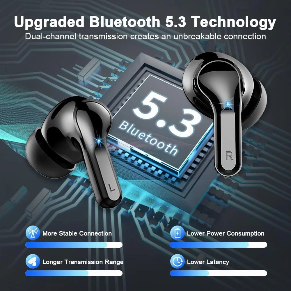 Wireless Earbud, Bluetooth Headphones 5.3 Stereo Bass Earphones 2023 Noise Cancelling 40H Dual Mic Call Earbud in-Ear USB-C LED Display IP7 Waterproof Sport Headset for Android iOS