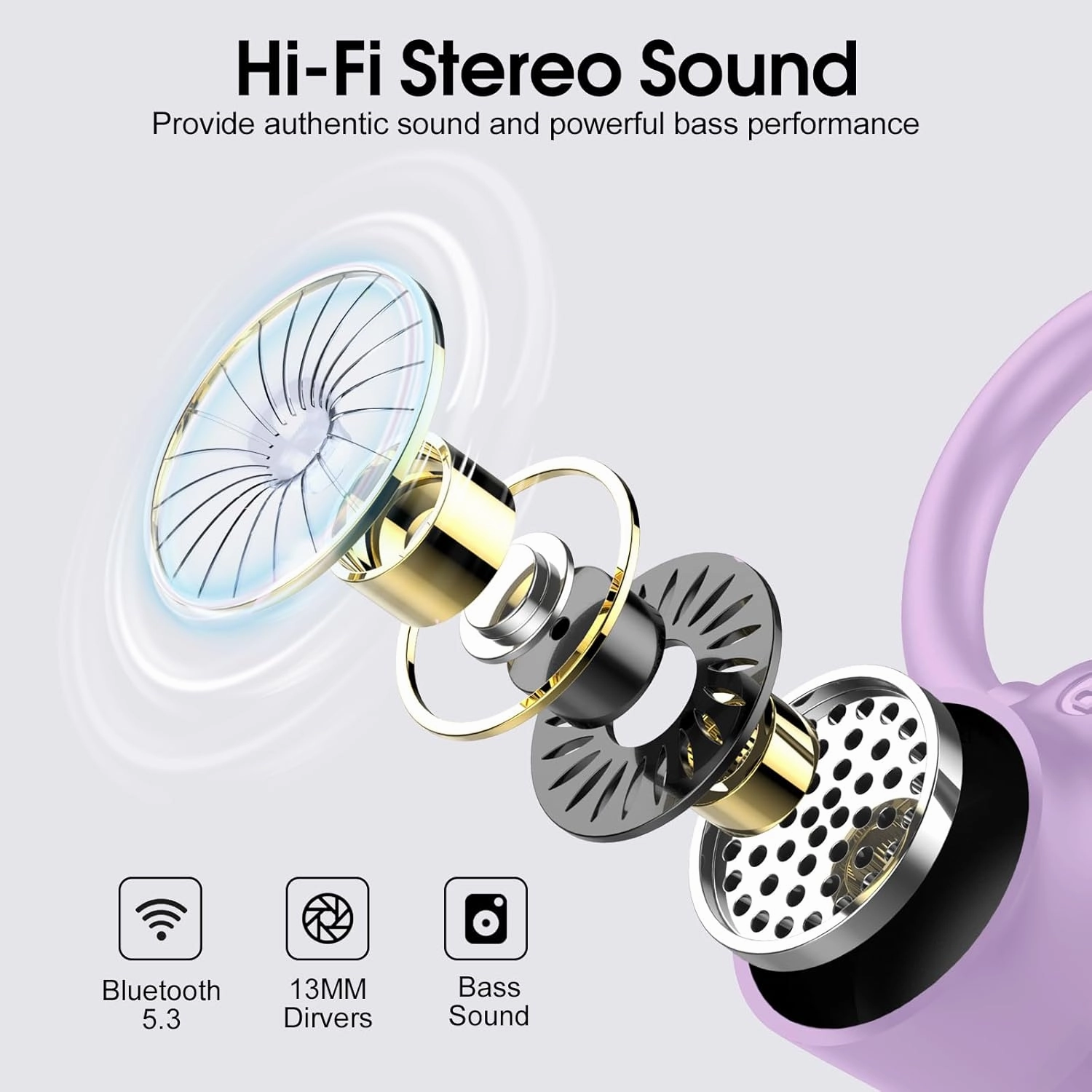 Wireless Earbuds, 2023 Bluetooth Headphones 5.3 Sport, 50H Ear buds with Earhooks, Dual LED Display Bluetooth Earbuds, Deep Bass Stereo Noise Cancelling Headphones, IP7 Waterproof Earphones, Purple