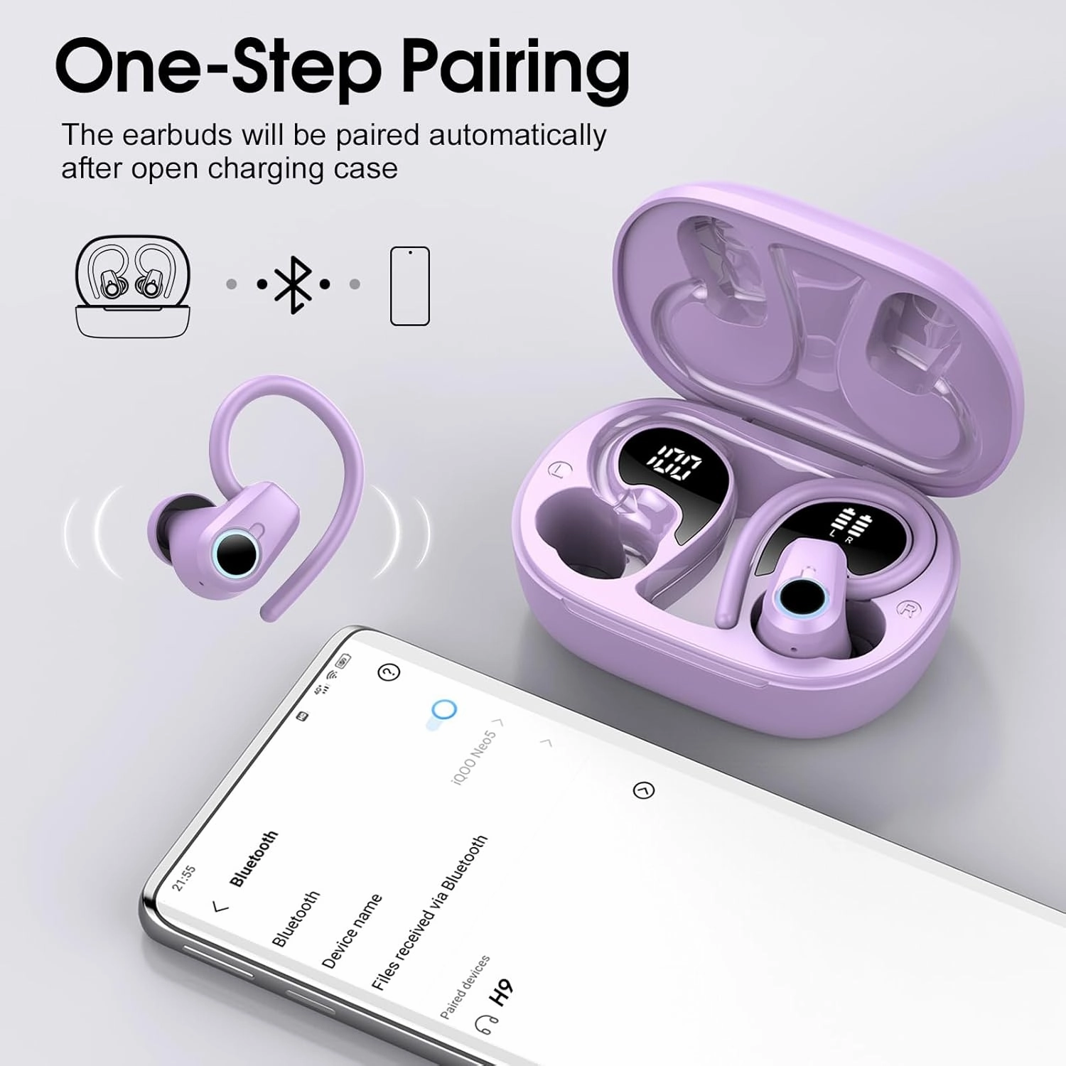 Wireless Earbuds, 2023 Bluetooth Headphones 5.3 Sport, 50H Ear buds with Earhooks, Dual LED Display Bluetooth Earbuds, Deep Bass Stereo Noise Cancelling Headphones, IP7 Waterproof Earphones, Purple