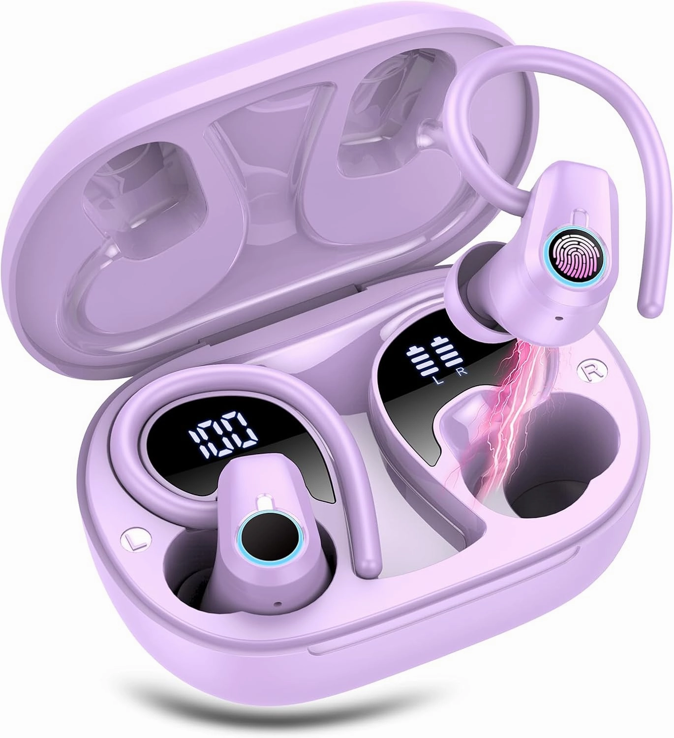 Wireless Earbuds, 2023 Bluetooth Headphones 5.3 Sport, 50H Ear buds with Earhooks, Dual LED Display Bluetooth Earbuds, Deep Bass Stereo Noise Cancelling Headphones, IP7 Waterproof Earphones, Purple wireless earbuds,Bluetooth earphones,true wireless stereo,