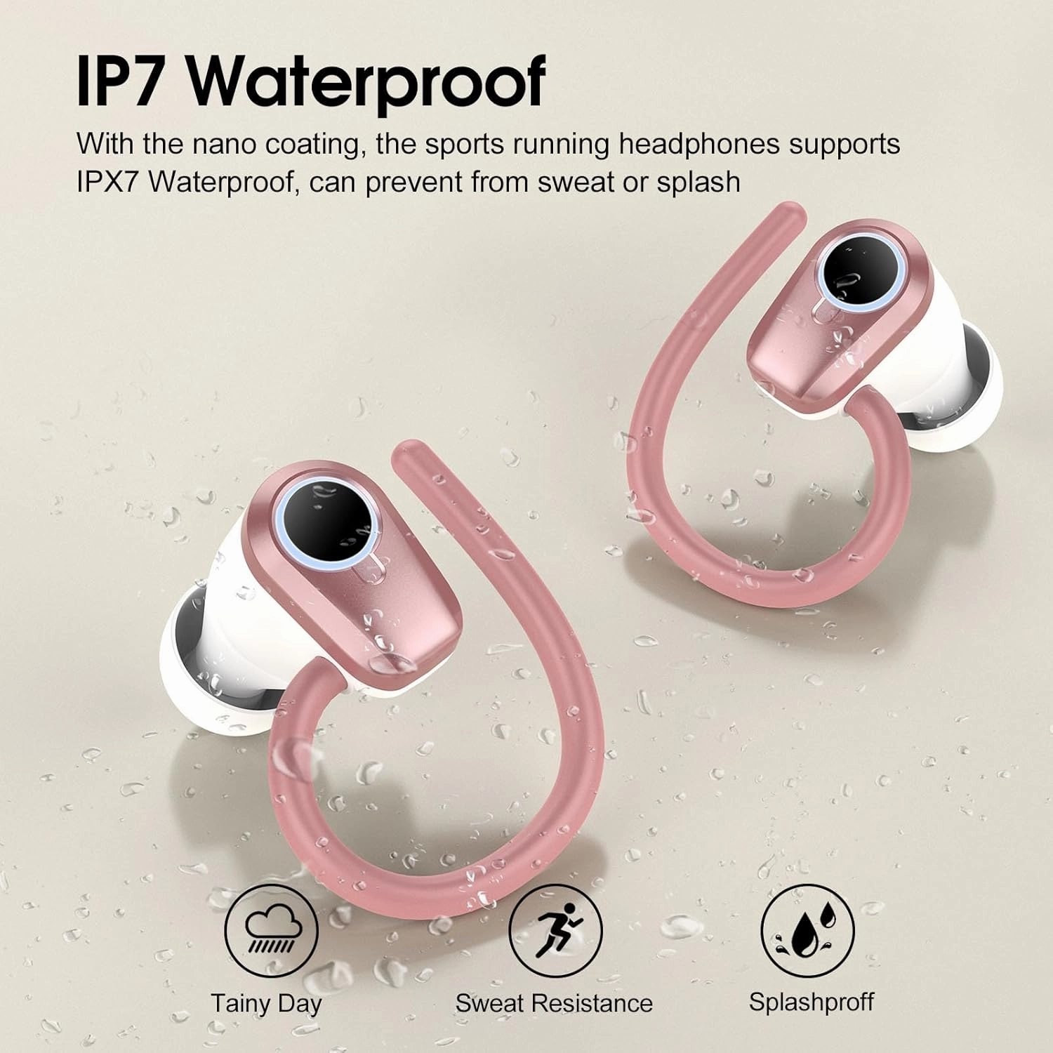 Wireless Earbuds, 2023 Bluetooth Headphones 5.3 Sport, 50H Ear buds with Earhooks, Dual LED DisplayBluetooth Earbuds, Stereo Noise Cancelling Headphones, IP7 Waterproof Running Earphones, Rose Gold