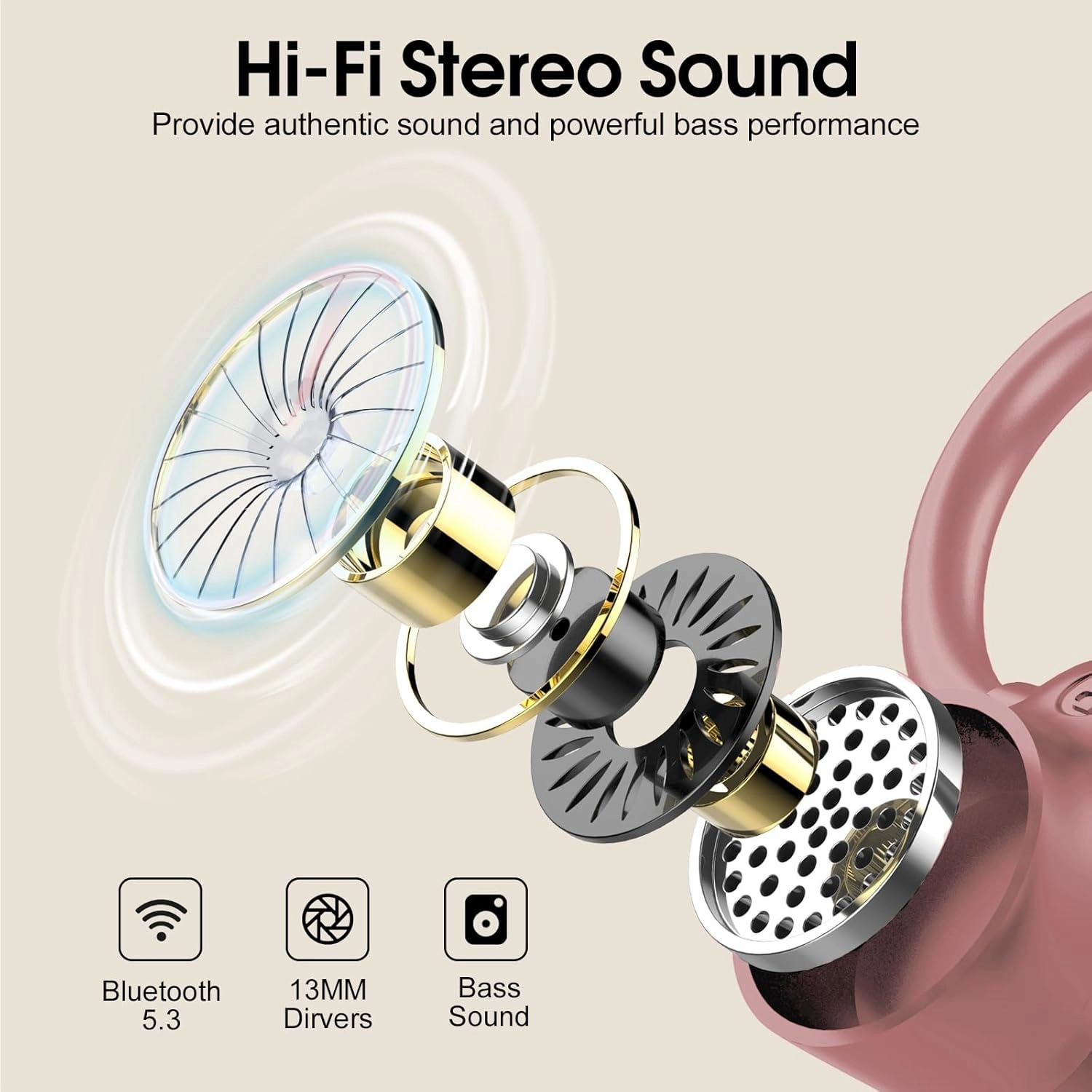Wireless Earbuds, 2023 Bluetooth Headphones 5.3 Sport, 50H Ear buds with Earhooks, Dual LED DisplayBluetooth Earbuds, Stereo Noise Cancelling Headphones, IP7 Waterproof Running Earphones, Rose Gold