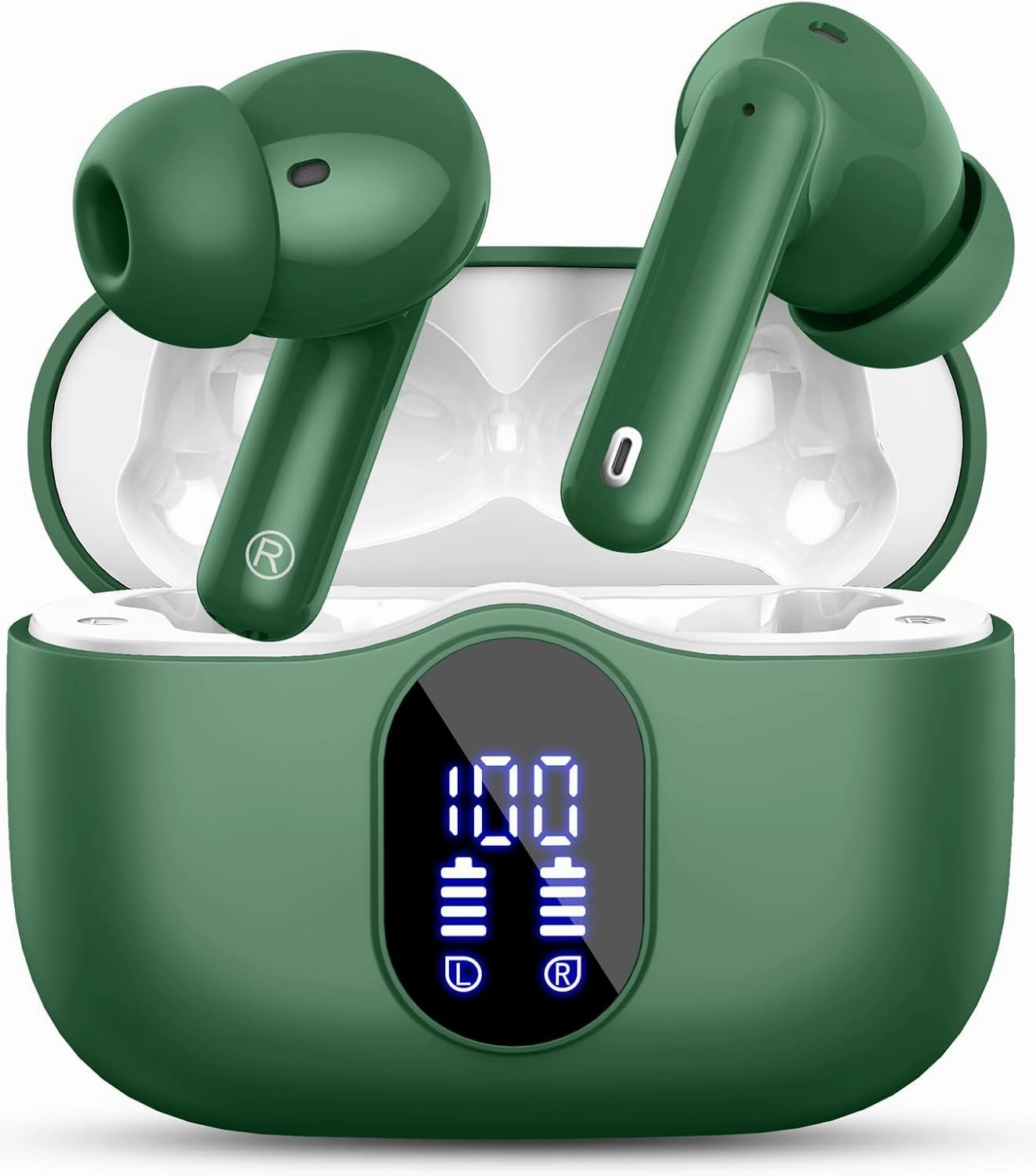 Wireless Earbuds, 2024 Bluetooth 5.3 Headphones Bass Stereo, Ear Buds with Noise Cancelling Mic LED Display, in Ear Earphones IP7 Waterproof, 36H Playtime for Phones Sports Workout, Elegant Green wireless earbuds,Bluetooth earphones,true wireless stereo,