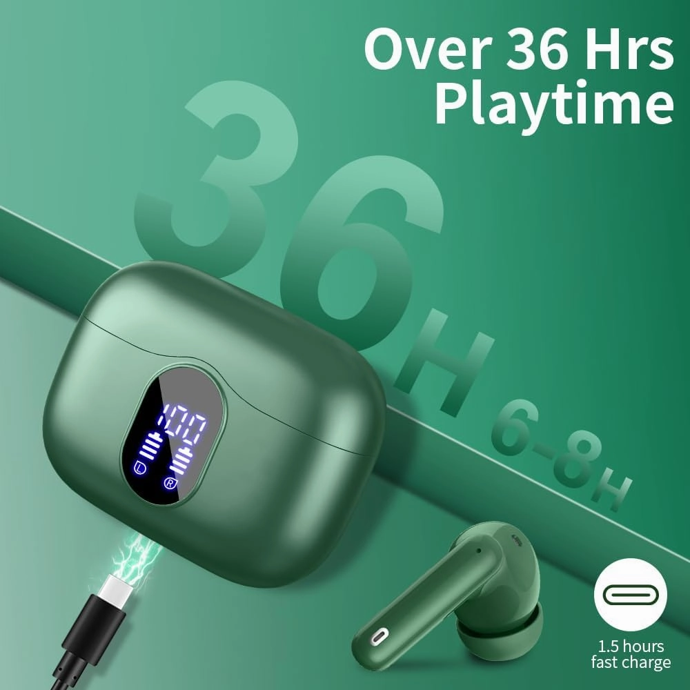 Wireless Earbuds, 2024 Bluetooth 5.3 Headphones Bass Stereo, Ear Buds with Noise Cancelling Mic LED Display, in Ear Earphones IP7 Waterproof, 36H Playtime for Phones Sports Workout, Elegant Green