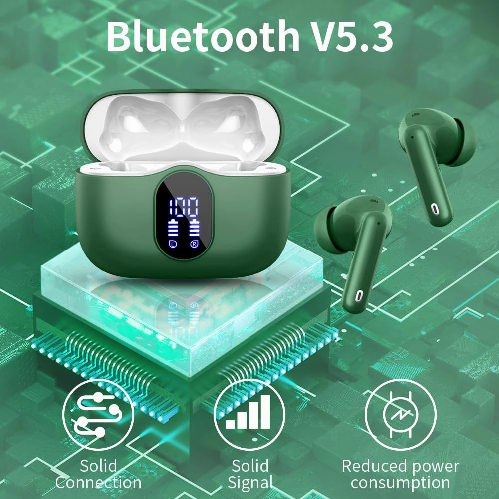 Wireless Earbuds, 2024 Bluetooth 5.3 Headphones Bass Stereo, Ear Buds with Noise Cancelling Mic LED Display, in Ear Earphones IP7 Waterproof, 36H Playtime for Phones Sports Workout, Elegant Green