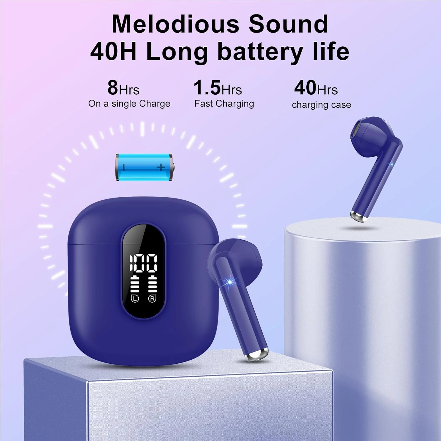 Wireless Earbuds 2024 Bluetooth 5.3 Headphones with HD Mic HiFi Stereo Sound, Wireless Earphones with Dual LED Display Touch Control, IPX7 Waterproof 30H Playtime Ear Buds for iOS Android, Dunkelblau