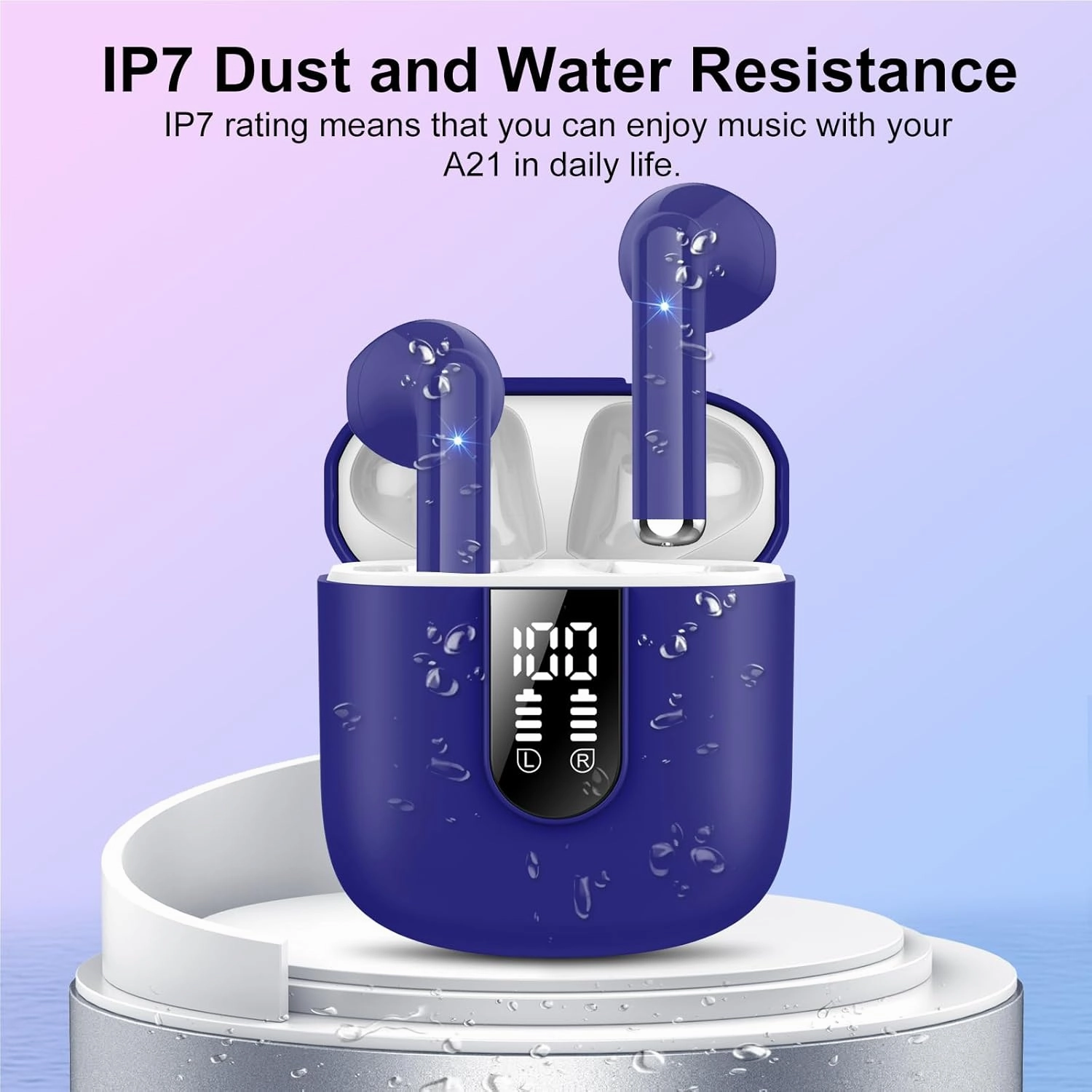 Wireless Earbuds 2024 Bluetooth 5.3 Headphones with HD Mic HiFi Stereo Sound, Wireless Earphones with Dual LED Display Touch Control, IPX7 Waterproof 30H Playtime Ear Buds for iOS Android, Dunkelblau