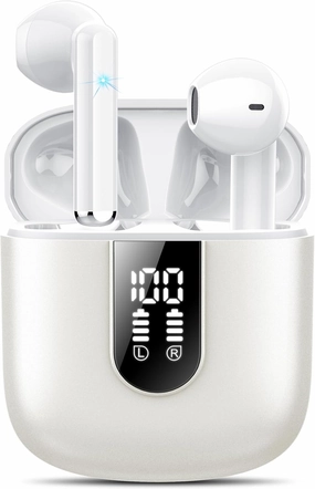 Wireless Earbuds 2024 Bluetooth 5.3 Headphones with HD Mic HiFi Stereo Sound, Wireless Earphones with Dual LED Display Touch Control, IPX7 Waterproof 30H Playtime Mini Ear Buds for iOS Android, White TWS earbuds,compact wireless buds,Bluetooth ear tips,