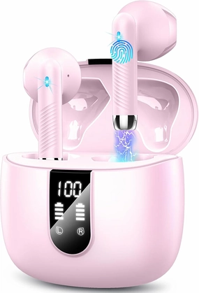 Wireless Earbuds, 2024 Bluetooth Headphones V5.3 Ear Buds Built-in ENC Noise Cancelling Mics, 40H Stereo Bass Bluetooth Earbuds with Dual LED Display, IP7 Waterproof Earphones for Android iOS, Pink wireless earbuds,Bluetooth earphones,true wireless stereo,