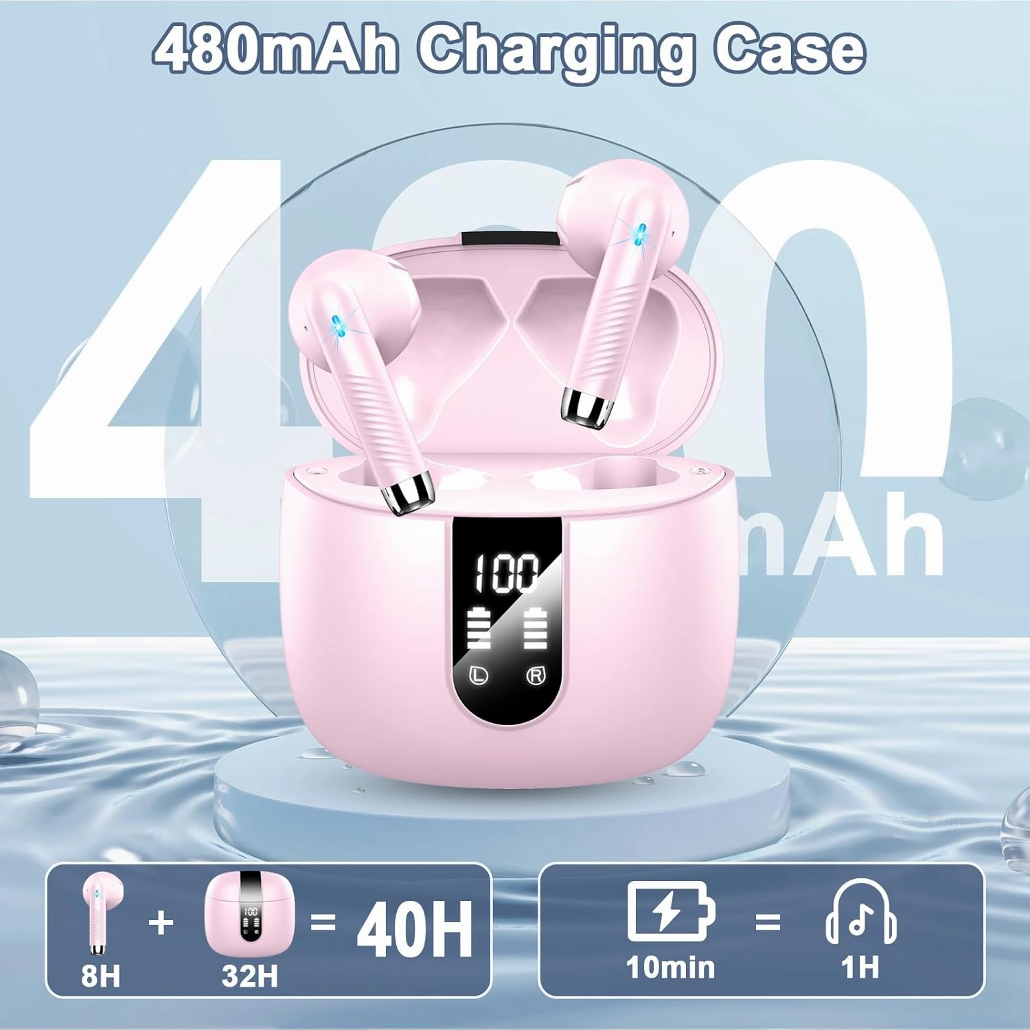Wireless Earbuds, 2024 Bluetooth Headphones V5.3 Ear Buds Built-in ENC Noise Cancelling Mics, 40H Stereo Bass Bluetooth Earbuds with Dual LED Display, IP7 Waterproof Earphones for Android iOS, Pink