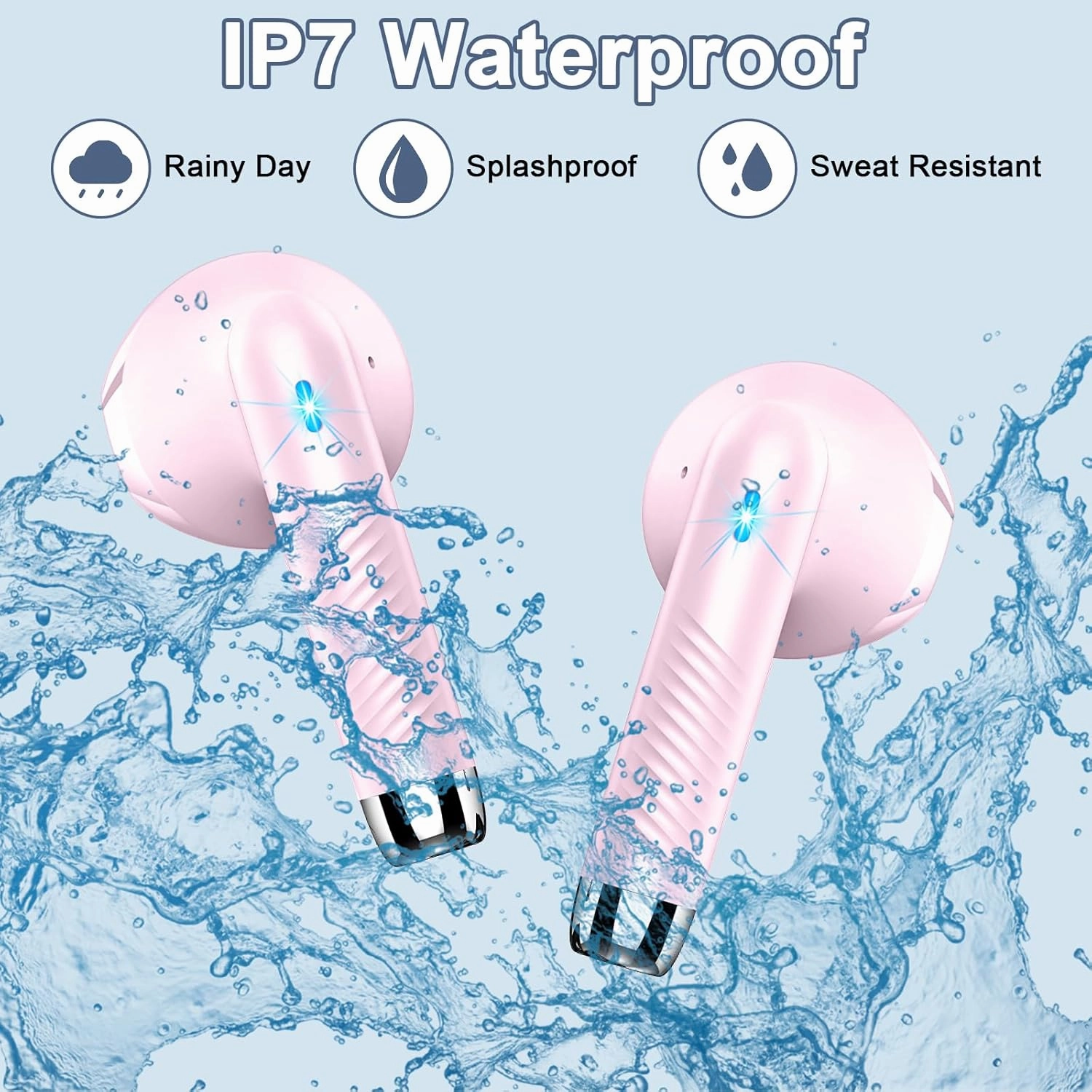 Wireless Earbuds, 2024 Bluetooth Headphones V5.3 Ear Buds Built-in ENC Noise Cancelling Mics, 40H Stereo Bass Bluetooth Earbuds with Dual LED Display, IP7 Waterproof Earphones for Android iOS, Pink