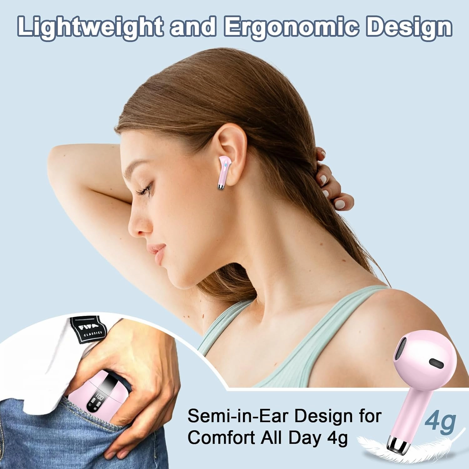Wireless Earbuds, 2024 Bluetooth Headphones V5.3 Ear Buds Built-in ENC Noise Cancelling Mics, 40H Stereo Bass Bluetooth Earbuds with Dual LED Display, IP7 Waterproof Earphones for Android iOS, Pink