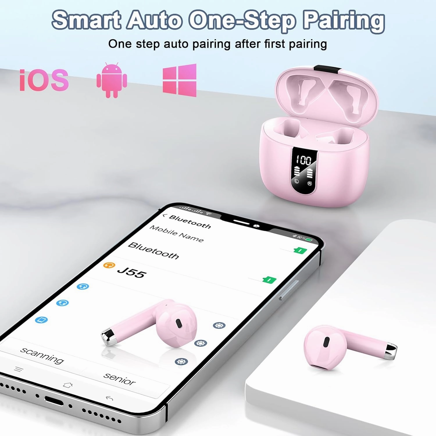Wireless Earbuds, 2024 Bluetooth Headphones V5.3 Ear Buds Built-in ENC Noise Cancelling Mics, 40H Stereo Bass Bluetooth Earbuds with Dual LED Display, IP7 Waterproof Earphones for Android iOS, Pink
