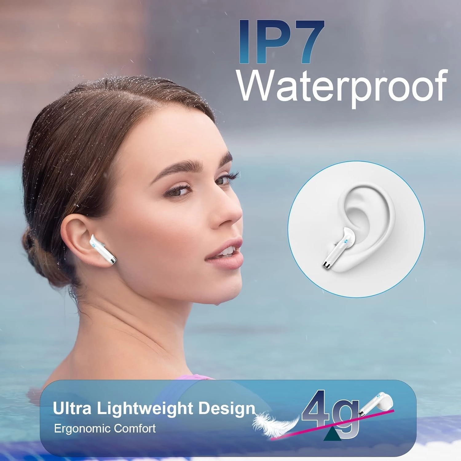 Wireless Earbuds, 2024 Bluetooth Headphones V5.3 Ear Buds Built-in ENC Noise Cancelling Mics, 40H Stereo Bass Bluetooth Earbuds with Dual LED Display, IP7 Waterproof Earphones for Android iOS, White
