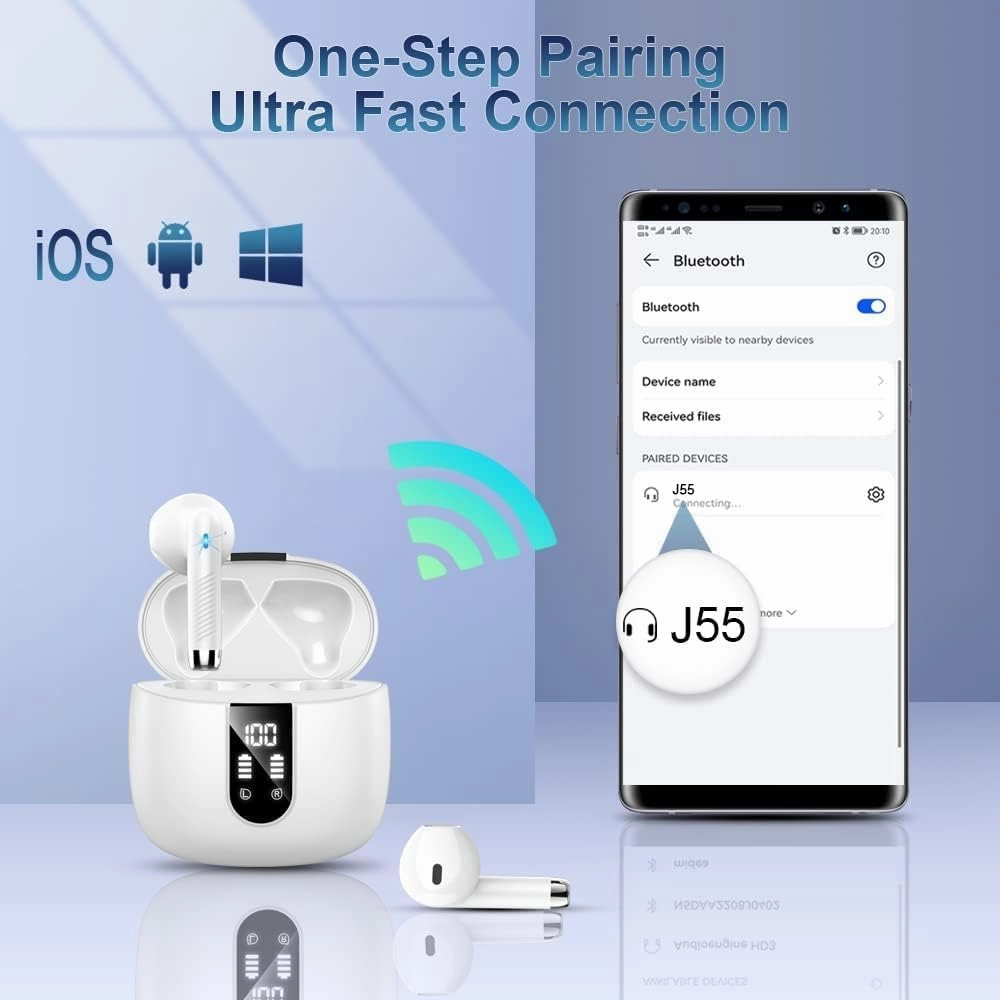 Wireless Earbuds, 2024 Bluetooth Headphones V5.3 Ear Buds Built-in ENC Noise Cancelling Mics, 40H Stereo Bass Bluetooth Earbuds with Dual LED Display, IP7 Waterproof Earphones for Android iOS, White