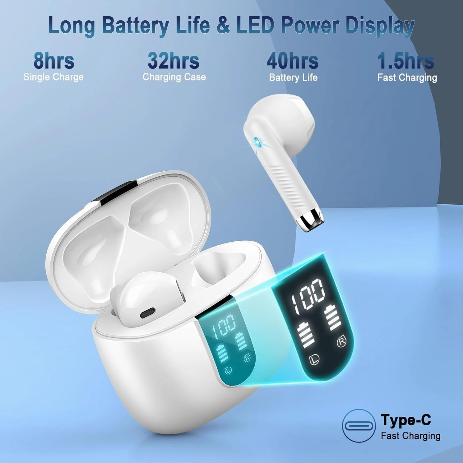 Wireless Earbuds, 2024 Bluetooth Headphones V5.3 Ear Buds Built-in ENC Noise Cancelling Mics, 40H Stereo Bass Bluetooth Earbuds with Dual LED Display, IP7 Waterproof Earphones for Android iOS, White