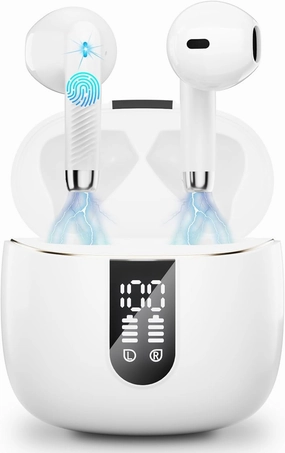 Wireless Earbuds, 2024 Bluetooth Headphones V5.3 Ear Buds Built-in ENC Noise Cancelling Mics, 40H Stereo Bass Bluetooth Earbuds with Dual LED Display, IP7 Waterproof Earphones for Android iOS, White wireless earbuds,Bluetooth earphones,true wireless stereo