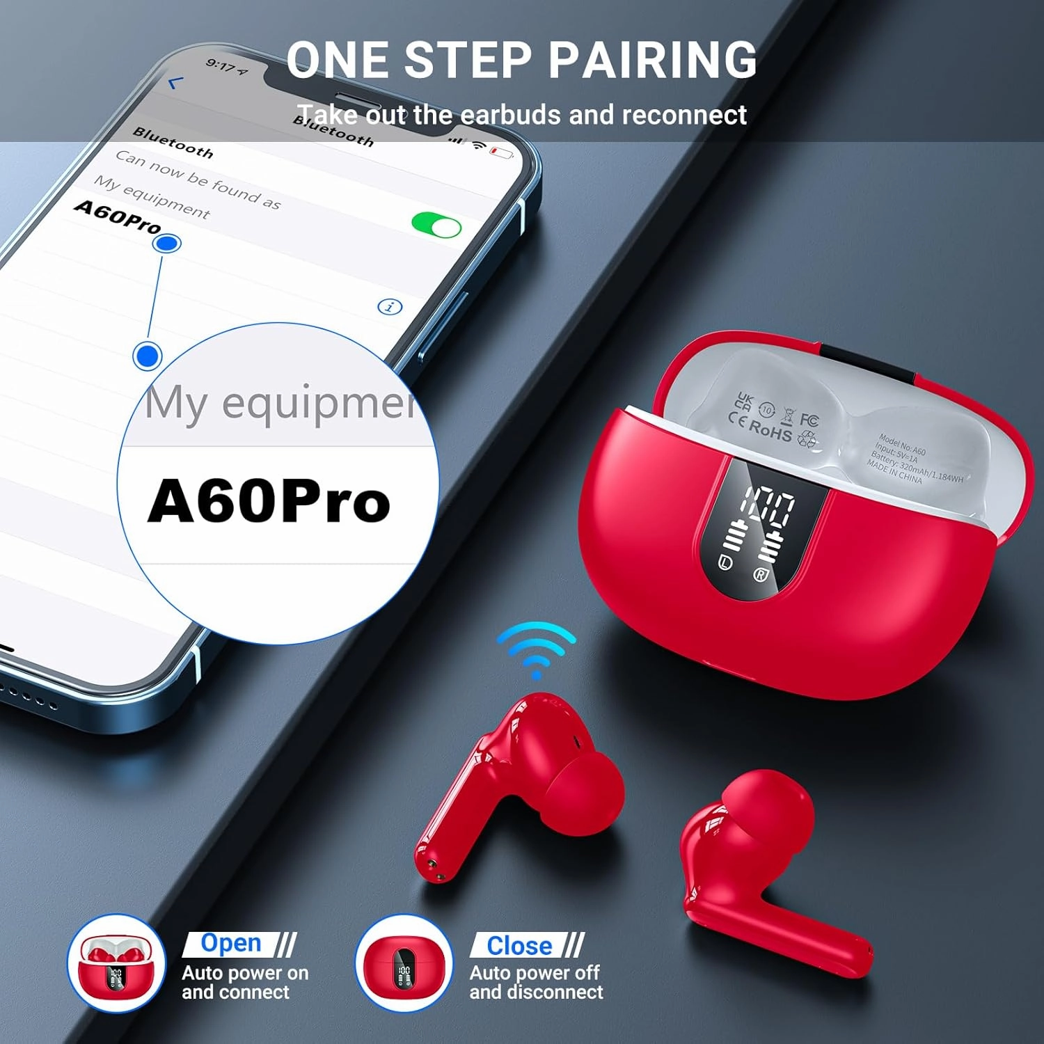 Wireless Earbuds, 2024 Wireless Headphones HiFi Stereo Earphones with 4 ENC Noise Canceling Mic, 42Hs Playtime In Ear Earbud, Bluetooth 5.3 Sport Earphones with LED Power Display for Android iOS Red