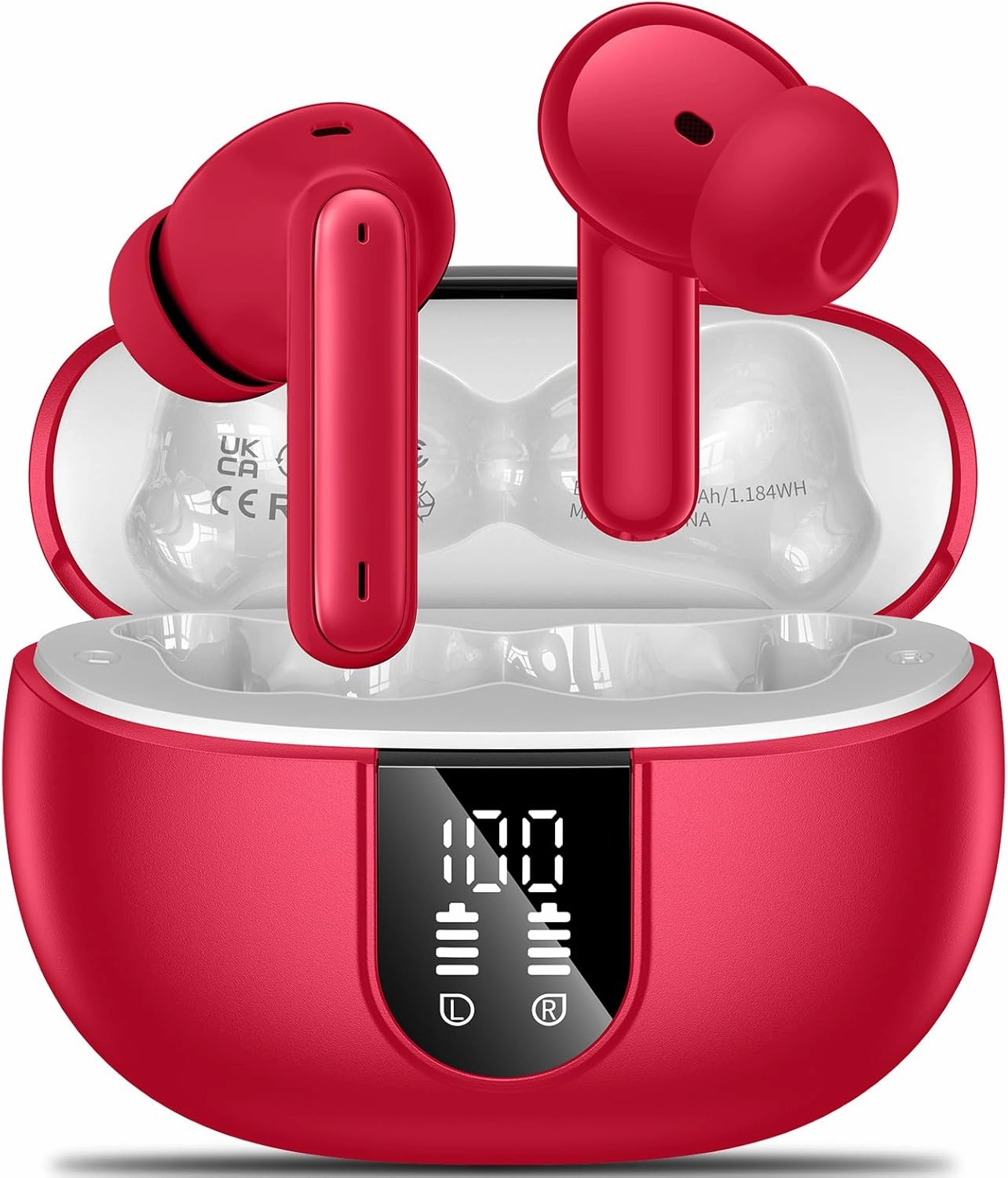 Wireless Earbuds, 2024 Wireless Headphones HiFi Stereo Earphones with 4 ENC Noise Canceling Mic, 42Hs Playtime In Ear Earbud, Bluetooth 5.3 Sport Earphones with LED Power Display for Android iOS Red TWS earbuds,compact wireless buds,Bluetooth ear tips,