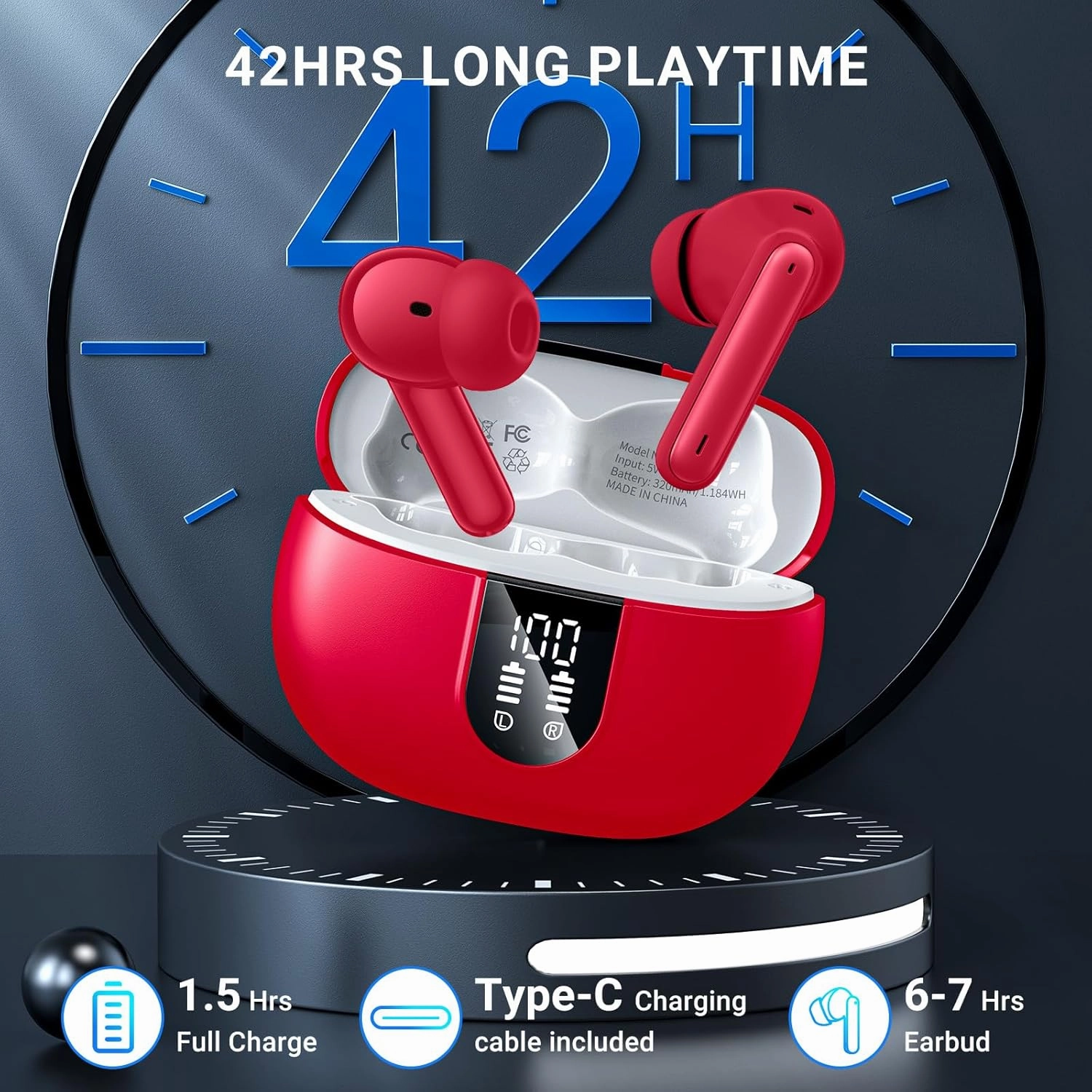Wireless Earbuds, 2024 Wireless Headphones HiFi Stereo Earphones with 4 ENC Noise Canceling Mic, 42Hs Playtime In Ear Earbud, Bluetooth 5.3 Sport Earphones with LED Power Display for Android iOS Red