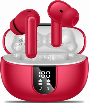 Wireless Earbuds, 2024 Wireless Headphones HiFi Stereo Earphones with 4 ENC Noise Canceling Mic, 42Hs Playtime In Ear Earbud, Bluetooth 5.3 Sport Earphones with LED Power Display for Android iOS Red TWS earbuds,compact wireless buds,Bluetooth ear tips,