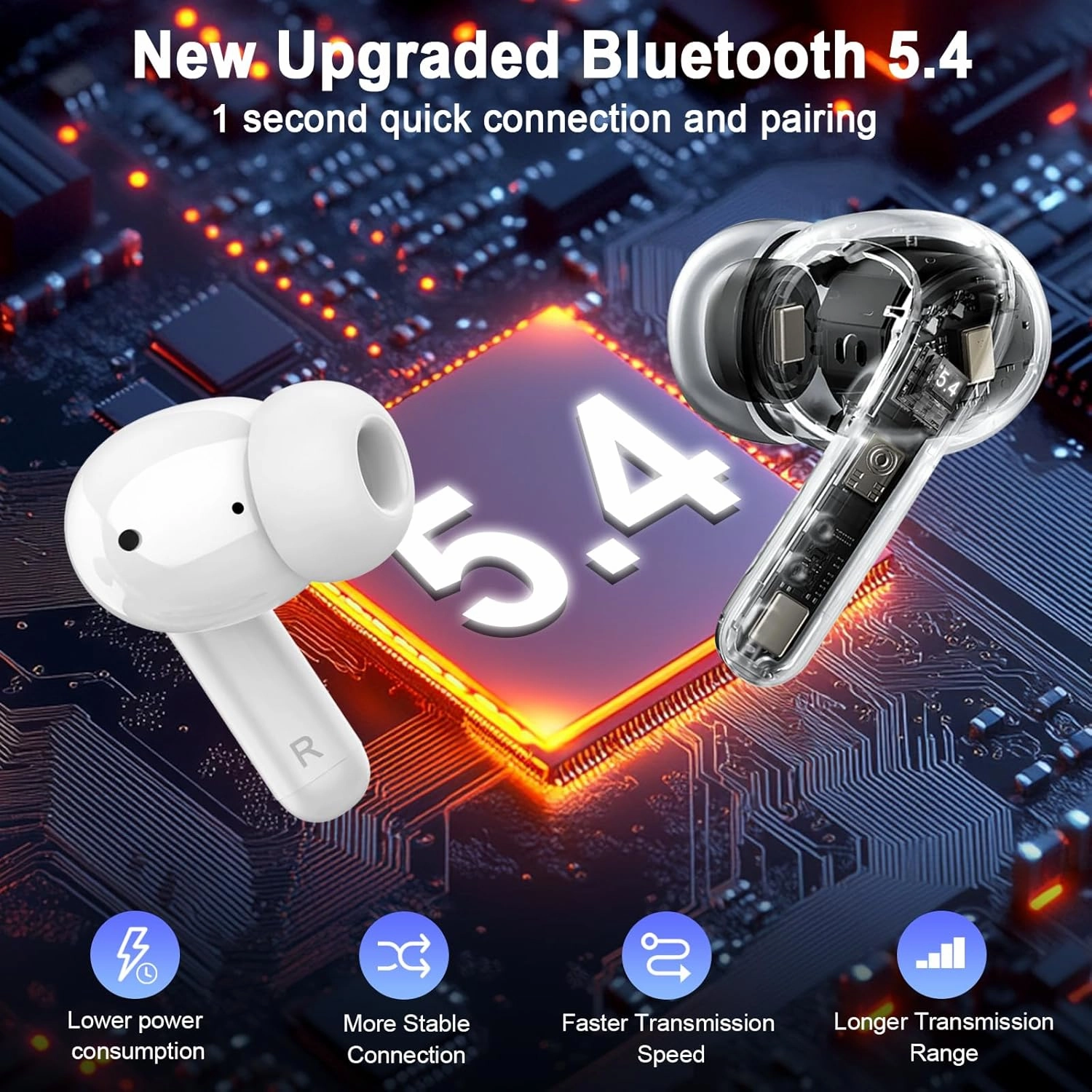 Wireless Earbuds, 2025 Bluetooth 5.4 Headphones Deep Bass Stereo Ear Buds, 4 ENC Noise Cancelling Mic 36Hrs USB-C in-Ear Earphones IP7 Waterproof Sport Workout for Laptop Pad Android iOS Phone, White