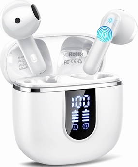 Wireless Earbuds, 2025 Bluetooth 5.4 Headphones in Ear Buds 3D Bass Stereo, 40H Ultralight Bluetooth Earbuds with 4 ENC Noise Cancelling Mic, USB-C, IP7 Waterproof Earphones for Android iOS Pad, White TWS earbuds,compact wireless buds,Bluetooth ear tips,