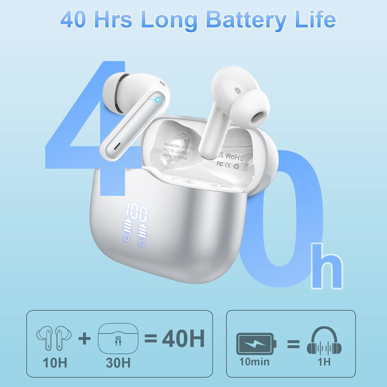 Wireless Earbuds, 2025 Bluetooth 5.4 Headphones in Ear with 4 ENC Noise Cancelling Mic, New Wireless Earphones HiFi Stereo Deep Bass 40H Playtime, LED, In-Ear Bluetooth Ear Buds IP7 Waterproof, Silver