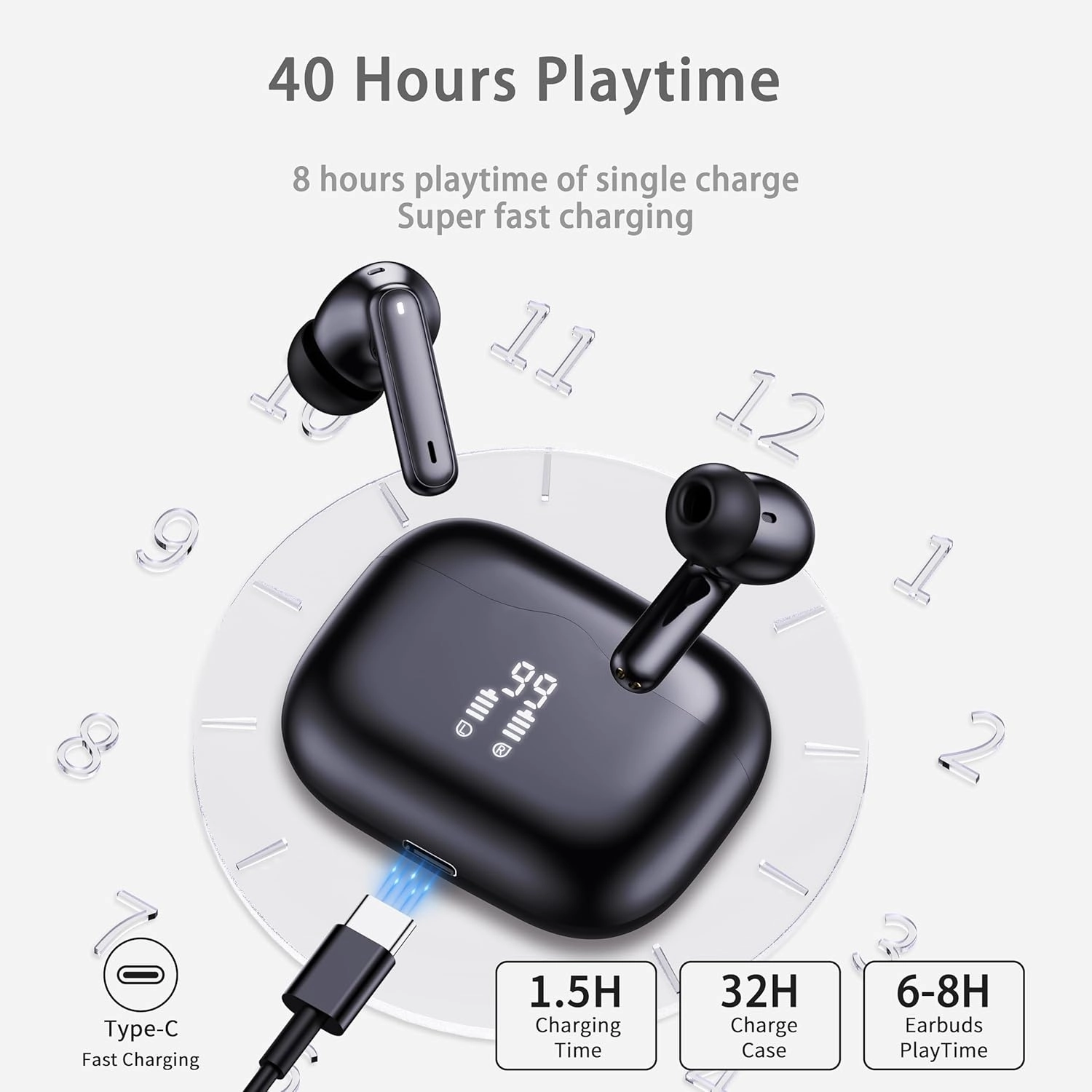 Wireless Earbuds, 2025 Bluetooth 5.4 Headphones in Ear with 4 ENC Noise Cancelling Mic, New Wireless Earphones HiFi Stereo Deep Bass 40H Playtime, LED, In-Ear Bluetooth Ear Buds IP7 Waterproof, USB-C