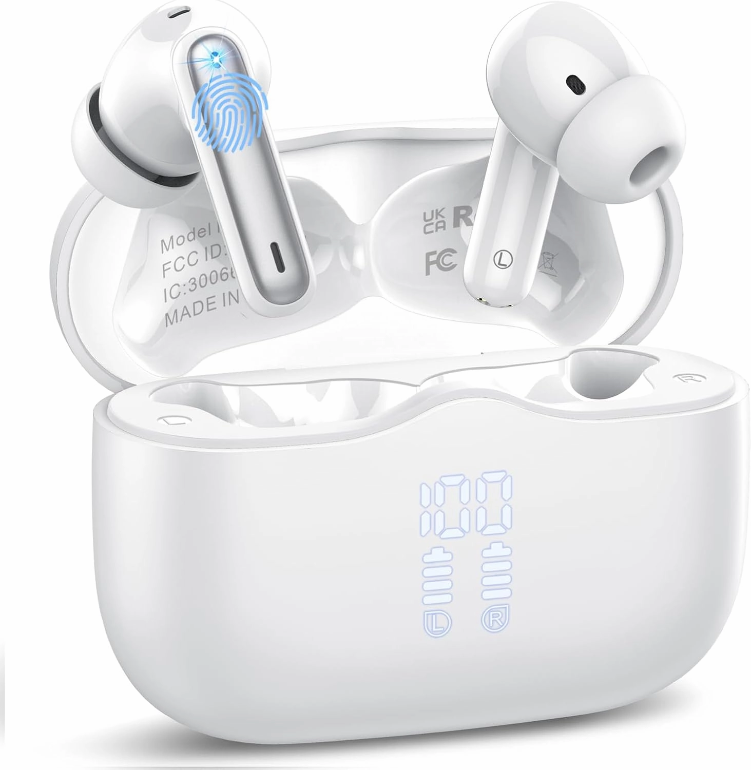 Wireless Earbuds, 2025 Bluetooth 5.4 Headphones in Ear with Stereo Deep Bass, 40H Bluetooth Ear Buds with 4 ENC Noise Cancelling Mics, IP7 Waterproof Earphones Hands-Free Calls Dual LED Display White TWS earbuds,compact wireless buds,Bluetooth ear tips,