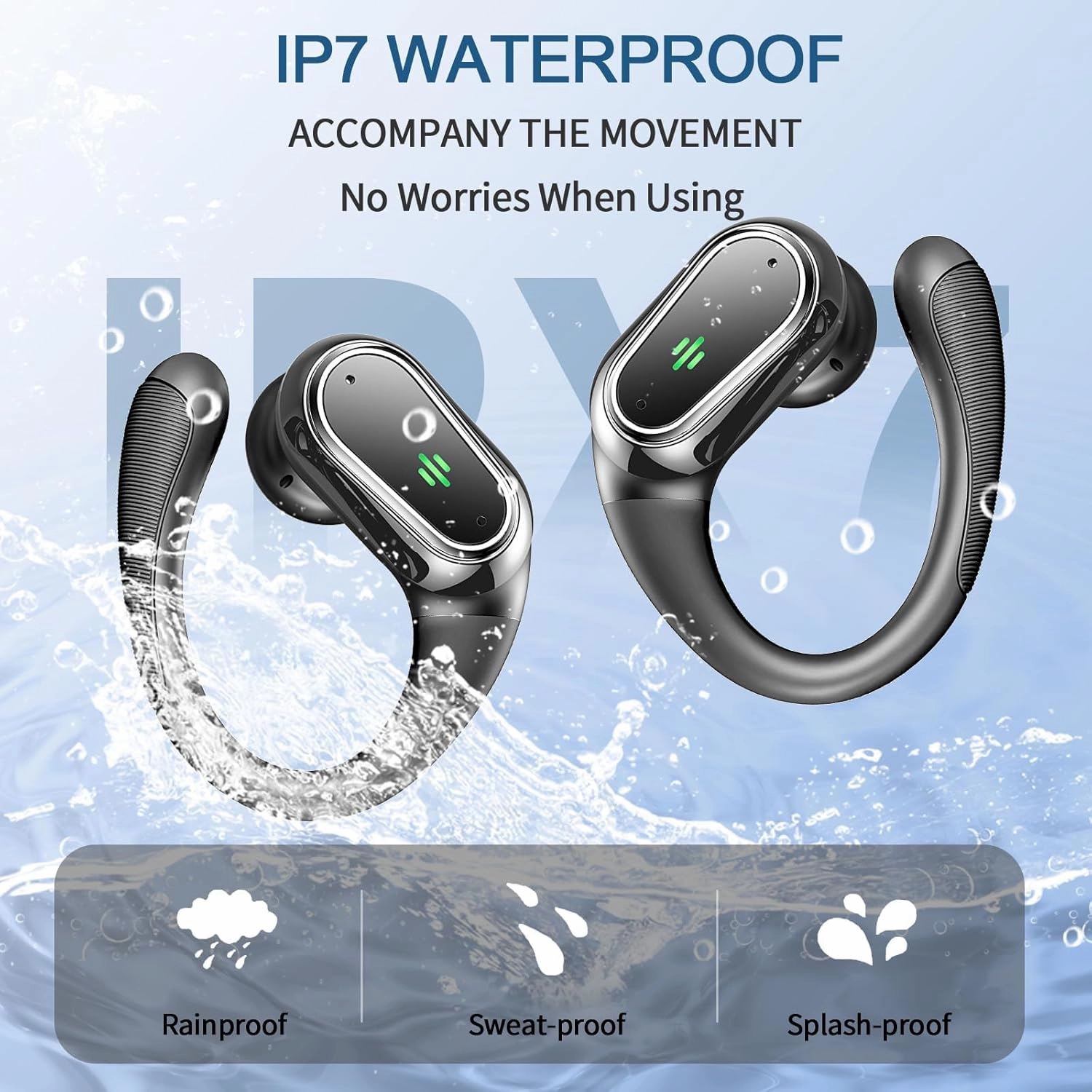 Wireless Earbuds, 2025 Bluetooth 5.4 Headphones Sport, Bluetooth Earbuds with ENC Noise Canceling Mic, 50H Stereo Wireless Headphones IP7 Waterproof with Earhooks, Dual LED Display for Workout/Running