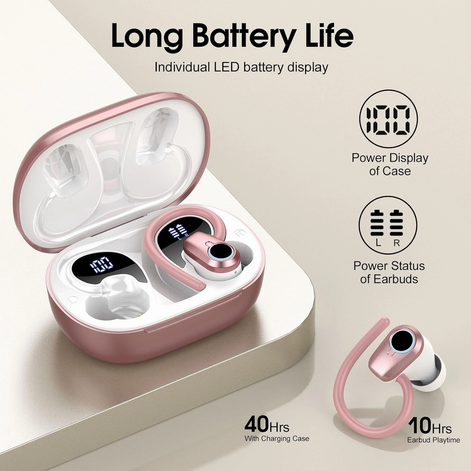 Wireless Earbuds, 2025 Ear Buds Bluetooth 5.3 Headphones Sport, 50H Playtime, HD Stereo Noise Cancelling, Dual LED Display, IP7 Waterproof Earphones Android iOS, Rose Pink