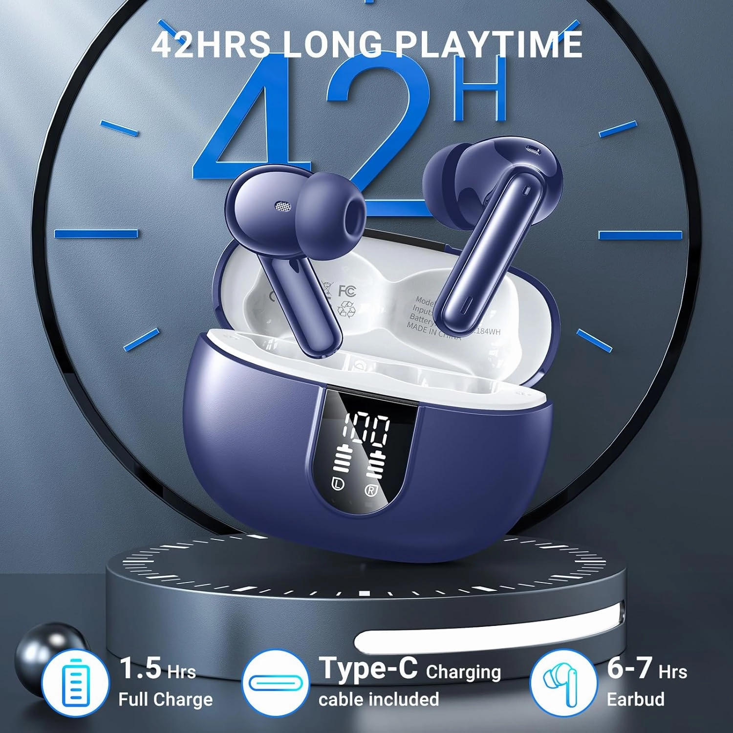 Wireless Earbuds, 2025 Wireless Headphones HiFi Stereo Earphones with 4 ENC Noise Canceling Mic, 42Hs Playtime In Ear Earbud, Bluetooth 5.3 Sport Earphones with LED Power Display for Android iOS