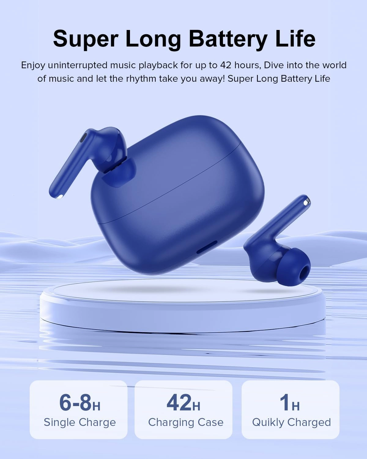 Wireless Earbuds, 42H Playtime Bluetooth 5.3 Headphones, HiFi Stereo Call Noise Cancelling Earbuds, IPX7 Waterproof Stereo in-Ear Earphones with LED Display for iOS Android (Ocean Blue)