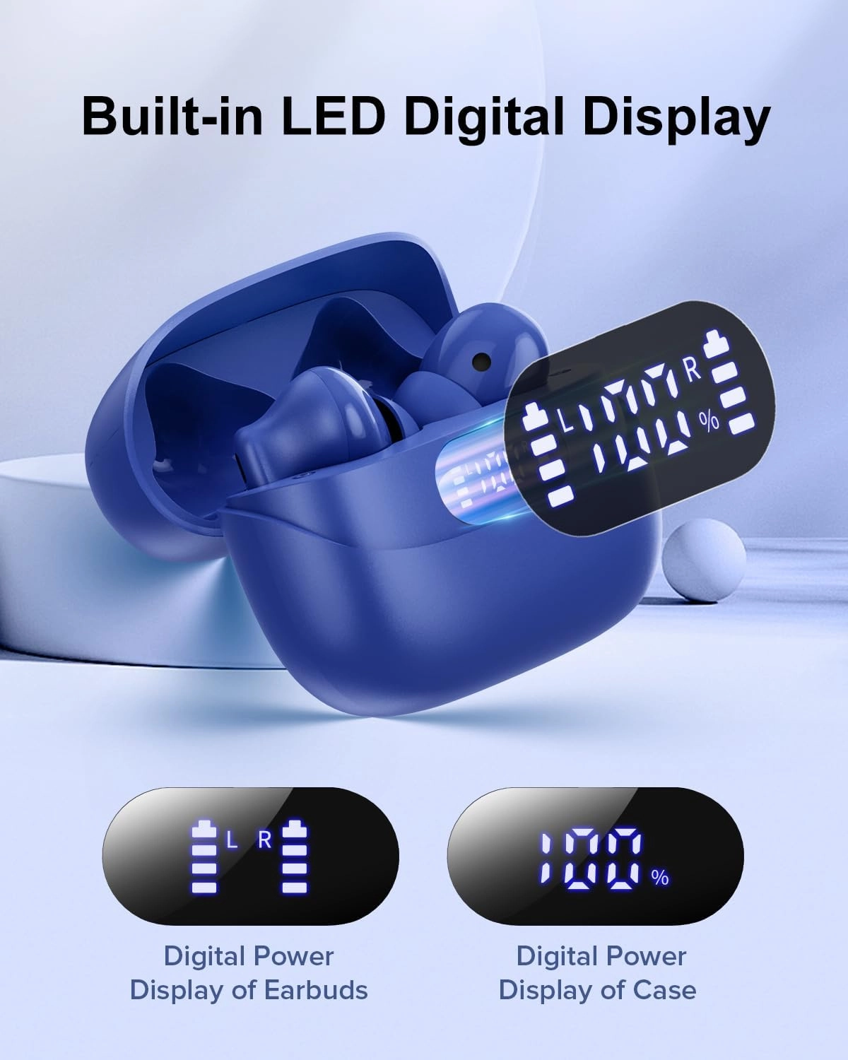 Wireless Earbuds, 42H Playtime Bluetooth 5.3 Headphones, HiFi Stereo Call Noise Cancelling Earbuds, IPX7 Waterproof Stereo in-Ear Earphones with LED Display for iOS Android (Ocean Blue)