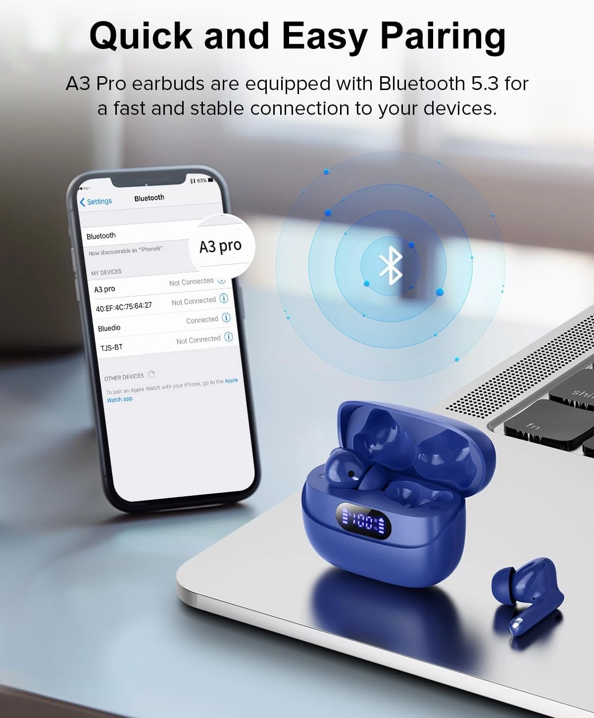 Wireless Earbuds, 42H Playtime Bluetooth 5.3 Headphones, HiFi Stereo Call Noise Cancelling Earbuds, IPX7 Waterproof Stereo in-Ear Earphones with LED Display for iOS Android (Ocean Blue)