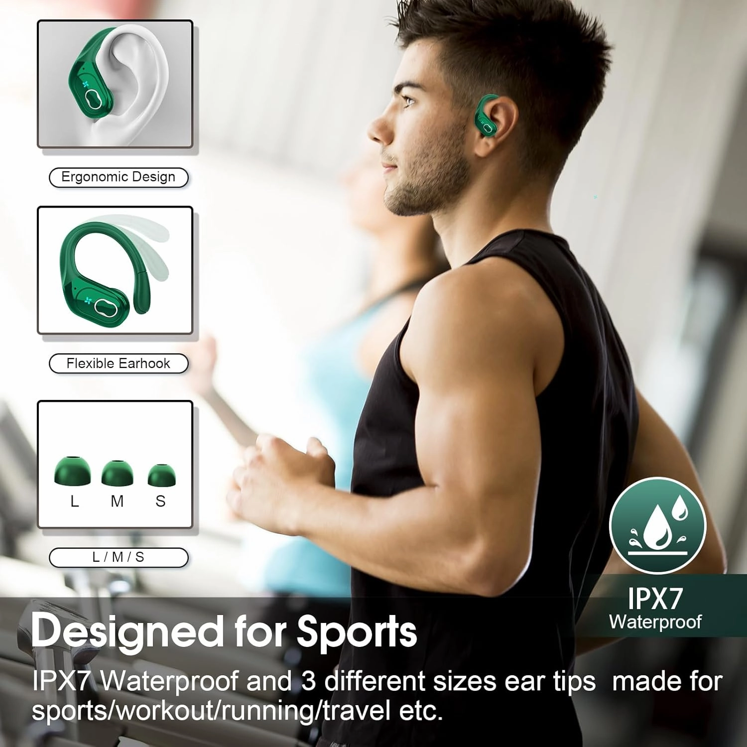 Wireless Earbuds 75hrs Bluetooth 5.4 Headphone Sport, 2025 Bluetooth Earbuds Stereo Deep Bass Over Ear Bud with Earhooks, ENC Noise Cancelling Mic, IPX7 Waterproof Earphone, Dark Green
