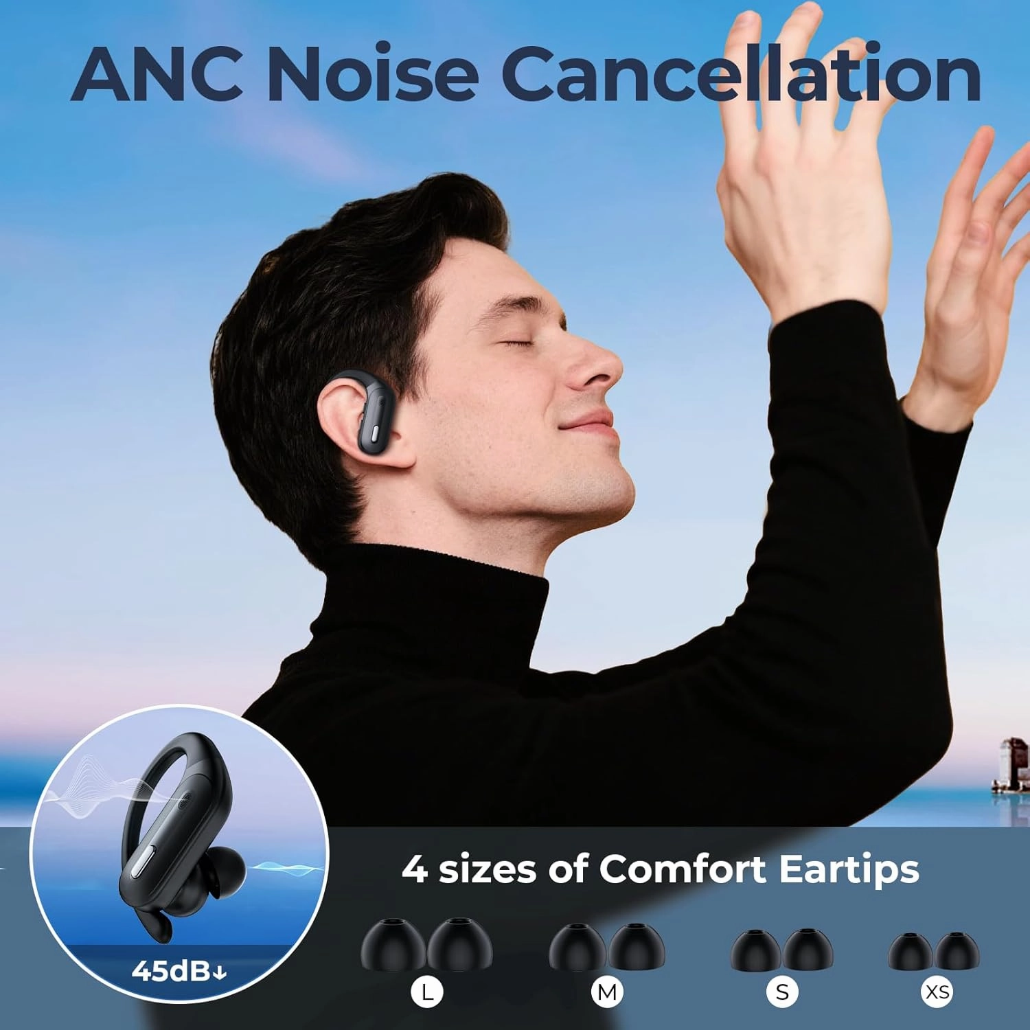 Wireless Earbuds ANC Noise Cancelling Bluetooth 5.3 Headphones 90 Hrs Playtime Earbuds with Wireless Charging Case Power Display Over-Ear Earphones with Earhooks Waterproof Stereo for Android Phone