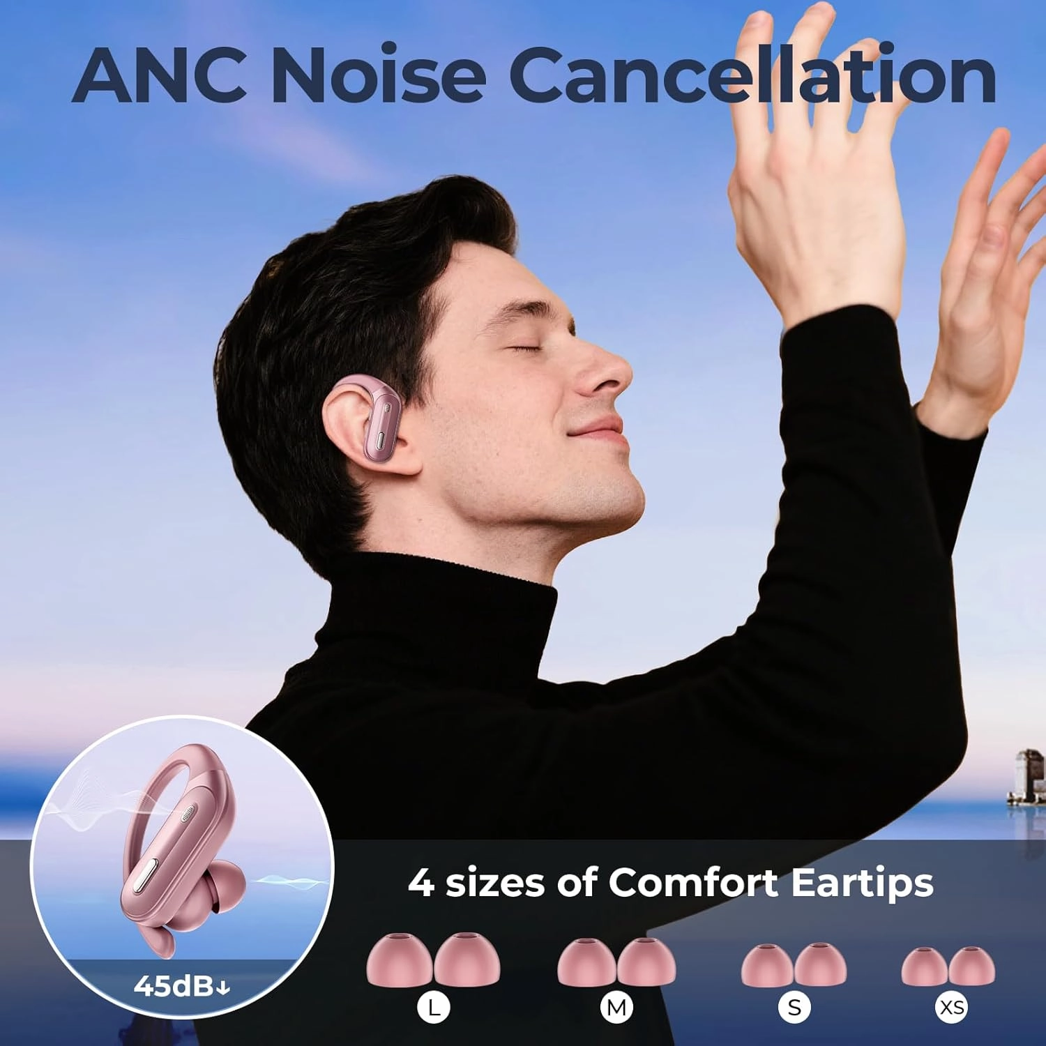 Wireless Earbuds ANC Noise Cancelling Bluetooth 5.3 Headphones 90 Hrs Playtime Earbuds with Wireless Charging Case Power Display Over-Ear Earphones with Earhooks Waterproof Stereo for Android Phone