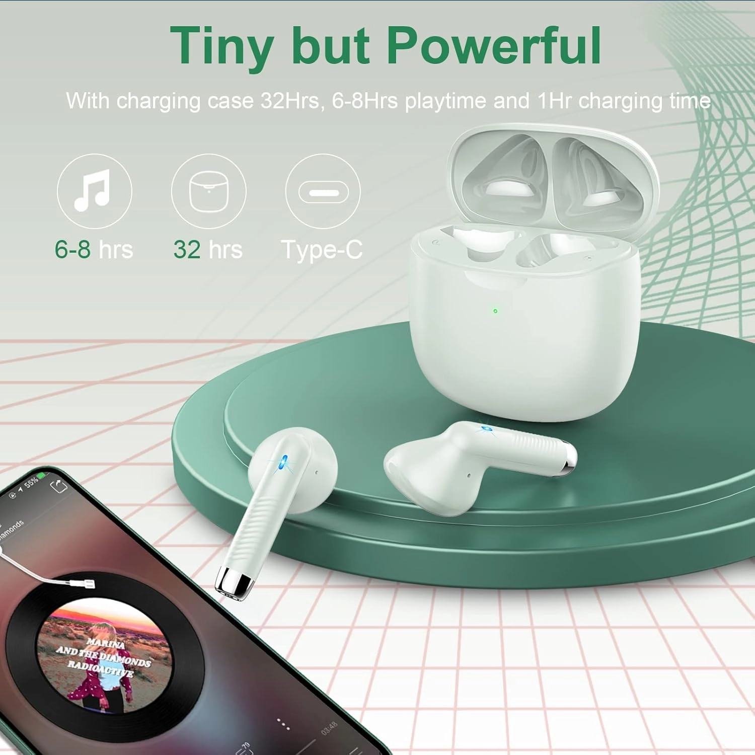 Wireless Earbuds, Bluetooth 5.3 Earbuds Stereo Bass, Bluetooth Headphones in Ear with Noise Cancelling Mic, Earphones IP7 Waterproof Sports, 32H Playtime USB C Charging Green Ear Buds for Android iOS