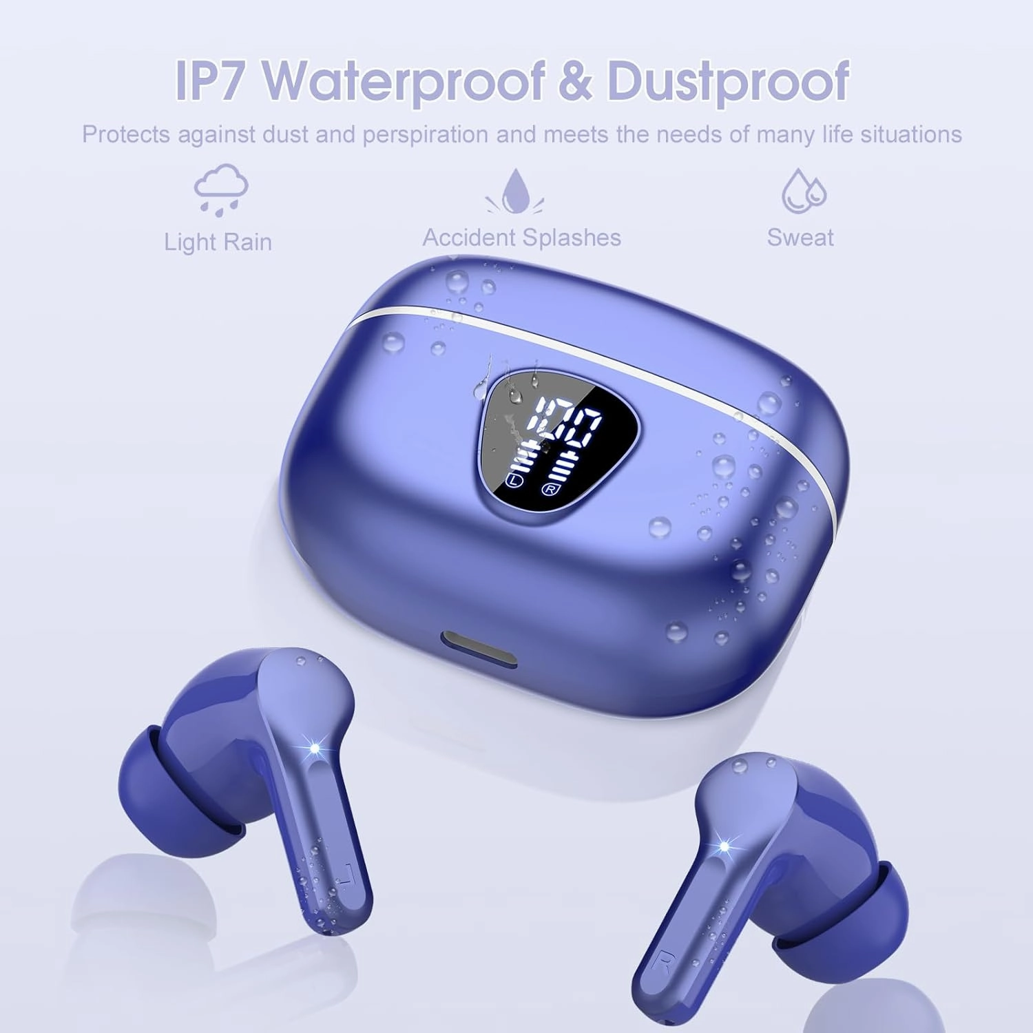 Wireless Earbuds Bluetooth 5.3 Headphones, 40H Playback HiFi Stereo Ear Buds with LED Display, ENC Noise Cancelling Earbuds, IP7 Waterproof in-Ear Earphone for iOS Andriod Sport/Workout/Running/Blue