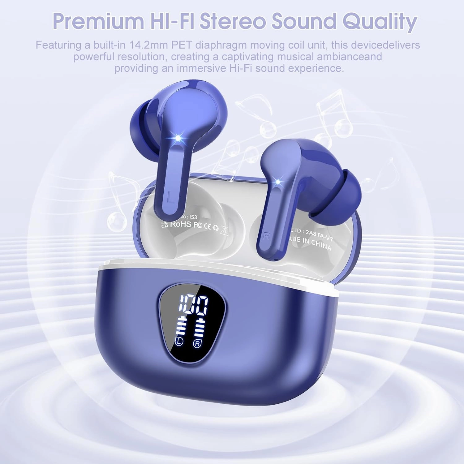 Wireless Earbuds Bluetooth 5.3 Headphones, 40H Playback HiFi Stereo Ear Buds with LED Display, ENC Noise Cancelling Earbuds, IP7 Waterproof in-Ear Earphone for iOS Andriod Sport/Workout/Running/Blue