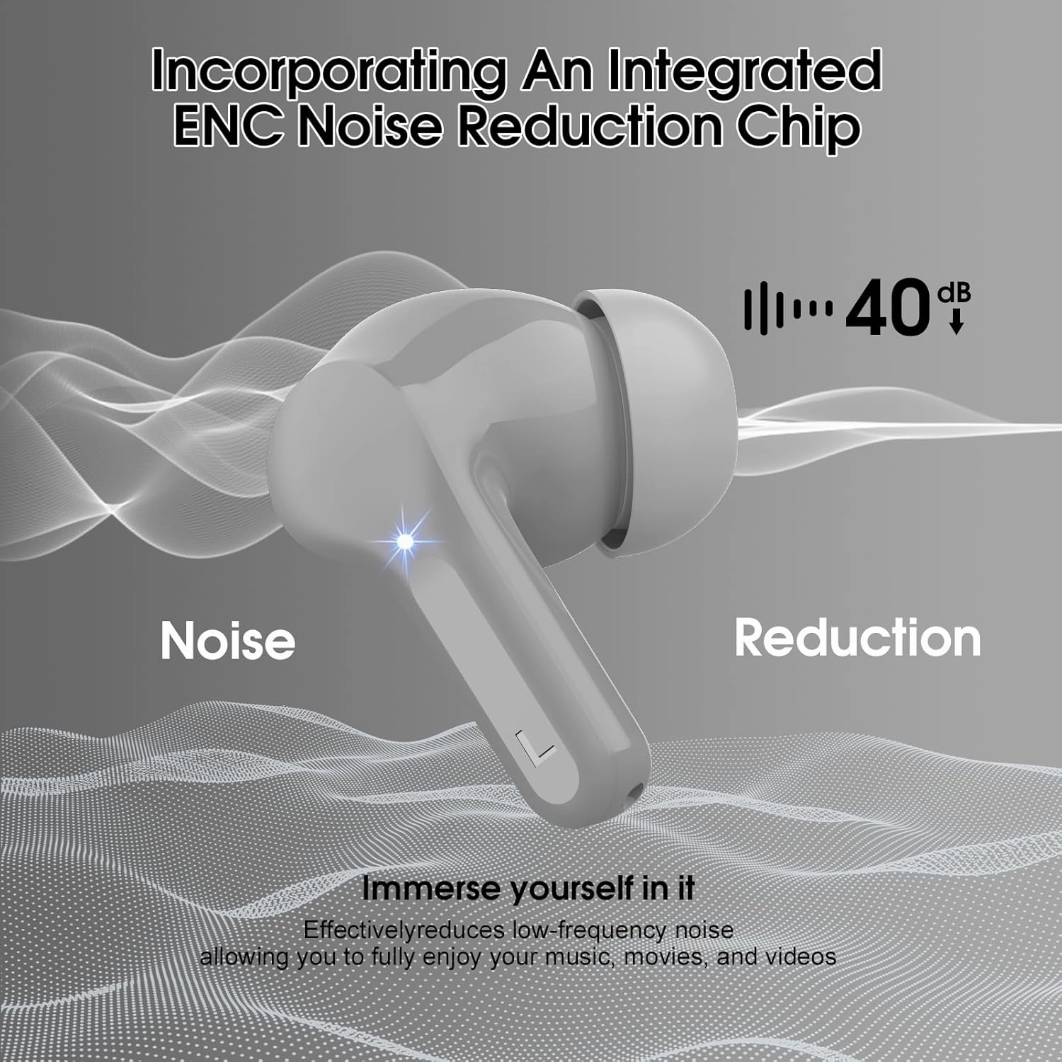 Wireless Earbuds Bluetooth 5.3 Headphones, 40H Playback HiFi Stereo Ear Buds with LED Display, ENC Noise Cancelling Earbuds, IP7 Waterproof in-Ear Earphone for iOS Andriod Sport/Workout/Running/Gray