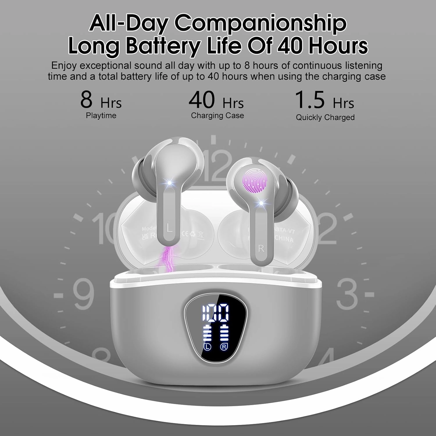 Wireless Earbuds Bluetooth 5.3 Headphones, 40H Playback HiFi Stereo Ear Buds with LED Display, ENC Noise Cancelling Earbuds, IP7 Waterproof in-Ear Earphone for iOS Andriod Sport/Workout/Running/Gray
